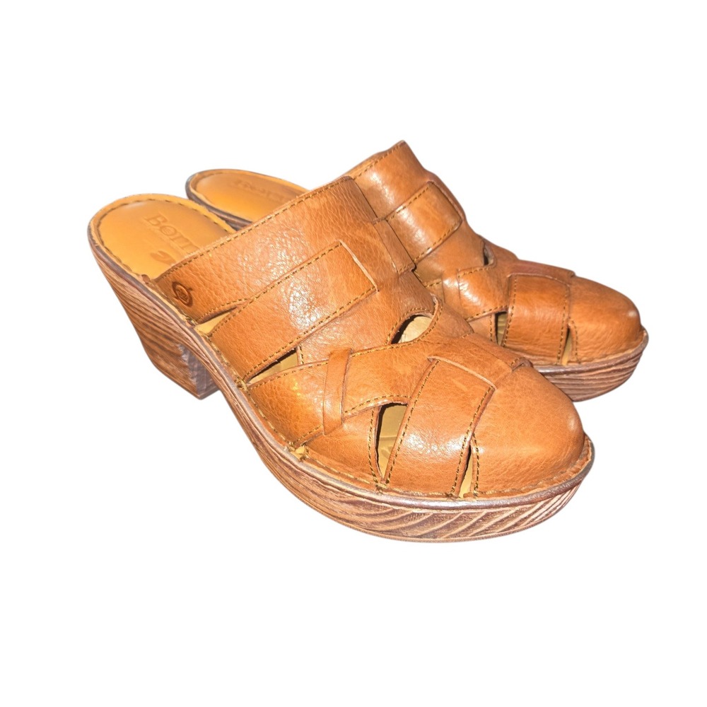 Born Pollina Woven Leather Sandal Mule Womens 9 Brown Heeled Clog D53041